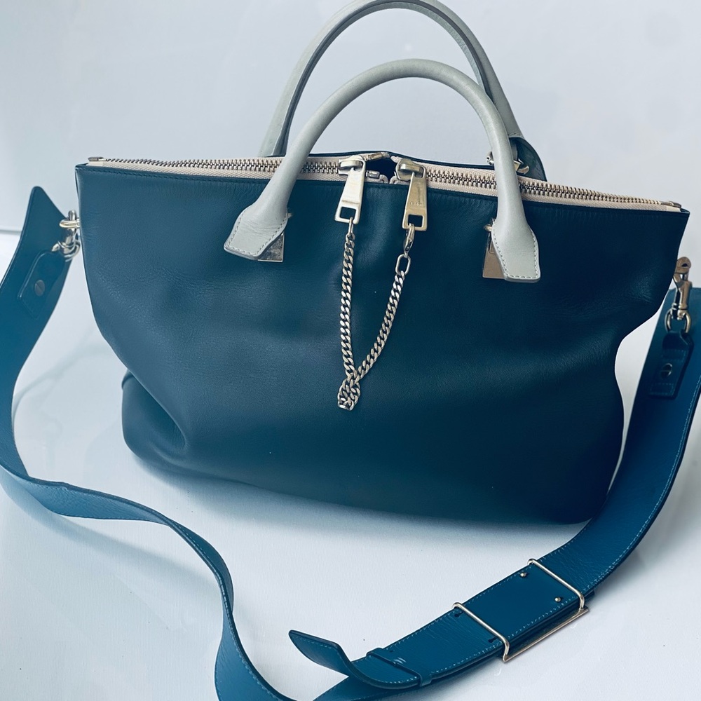 Chloė Bailey Navy & light grey zip top shoulder bag with removable guitar strap